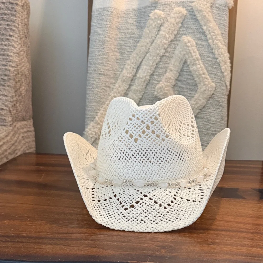 White Crochet Cowboy Hat with Bead Trim - Stylish Summer Hat